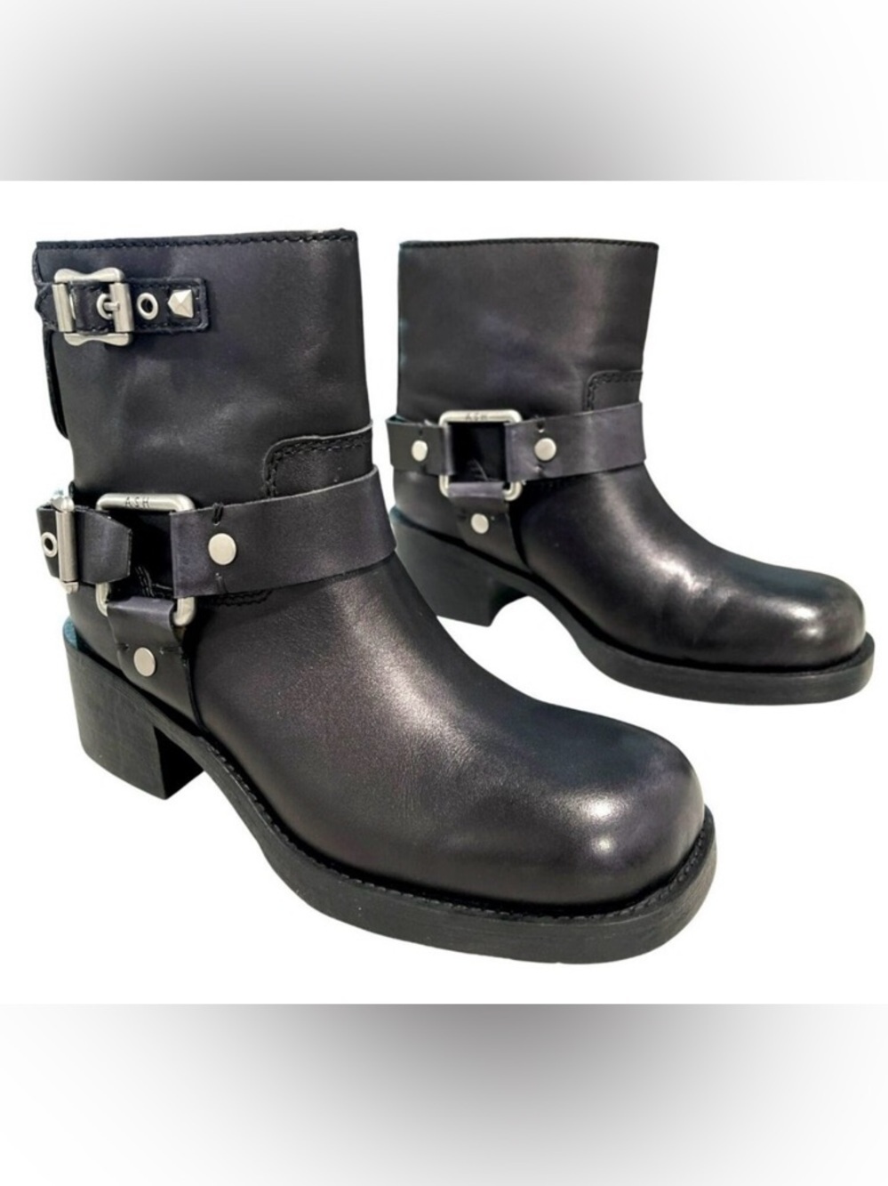 Ash Black Leather Texas Square Biker Boots Size 38 US 8 NEW